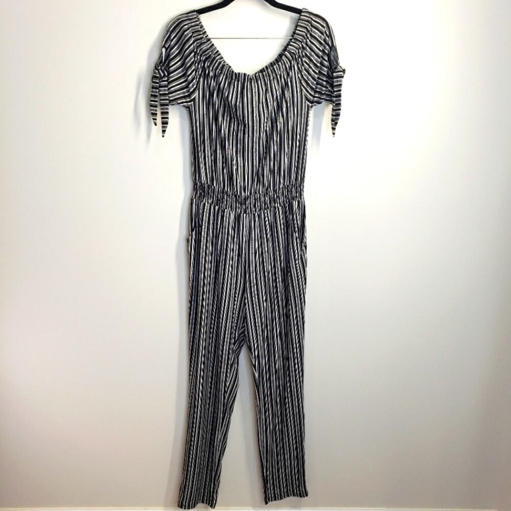 Planet Gold Black Tie Striped Short Sleeve Off the Shoulder Jumpsuit Juniors Lg